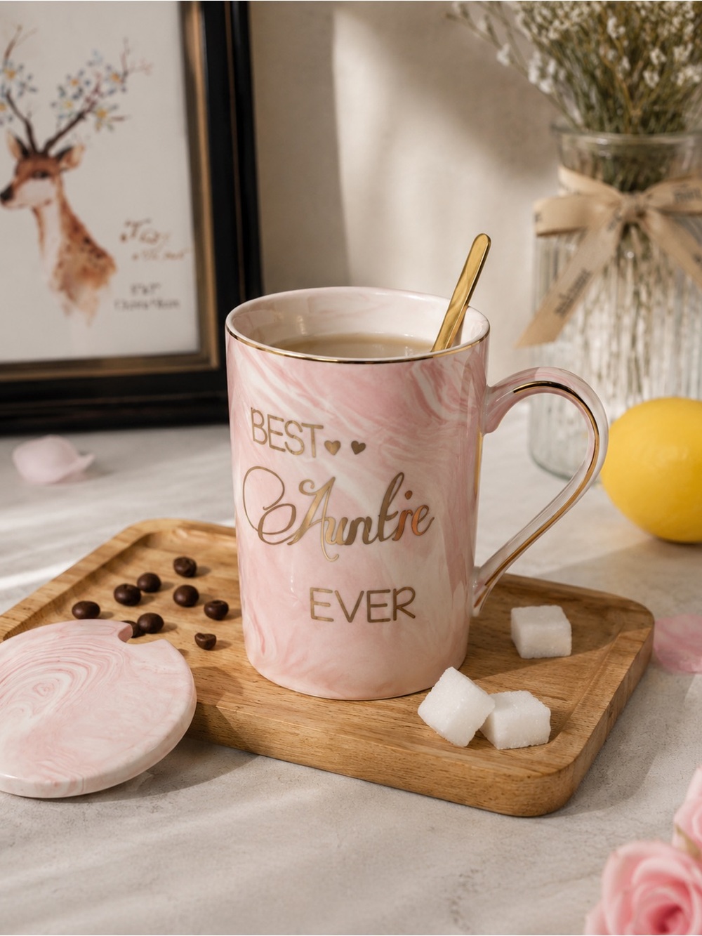 Best Auntie Ever Pink Marble Mug Set w/ Spoon & Lid Gift